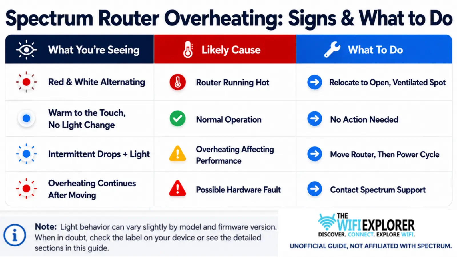Quick Reference: Overheating Signs and What to Do Spectrum router overheating signs and fixes, red and white light meaning