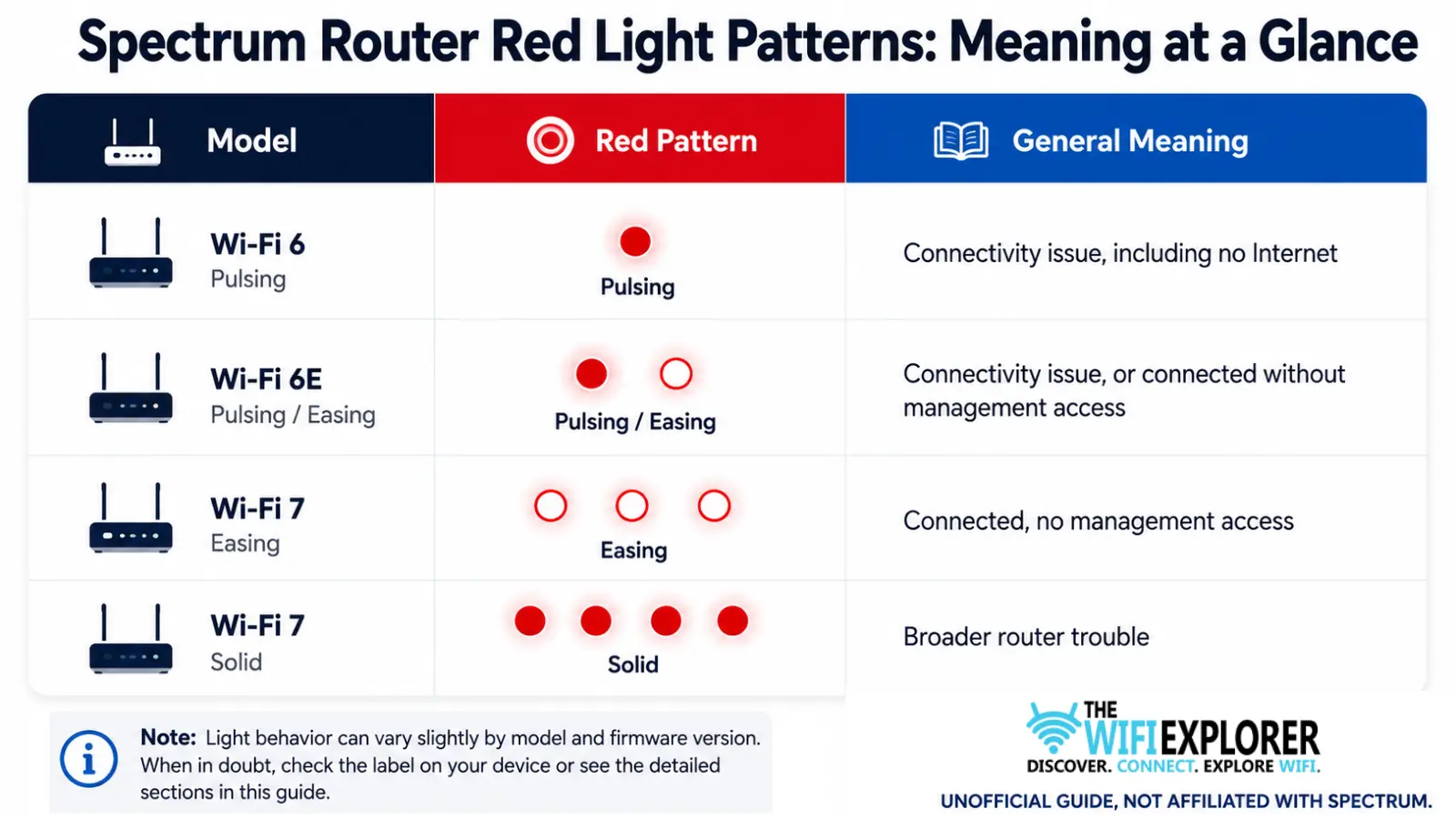 Quick Reference by Model Spectrum router red light patterns by Wi-Fi model, pulsing, easing, and solid.