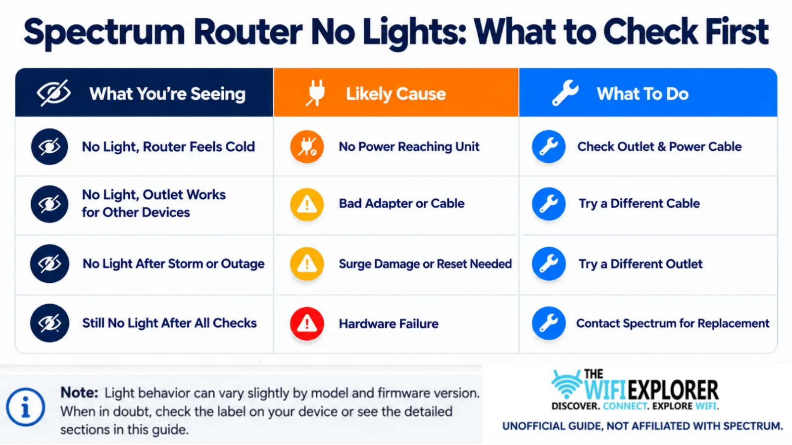 Quick Reference: What to Check First Spectrum router no lights troubleshooting chart, power issue checklist.